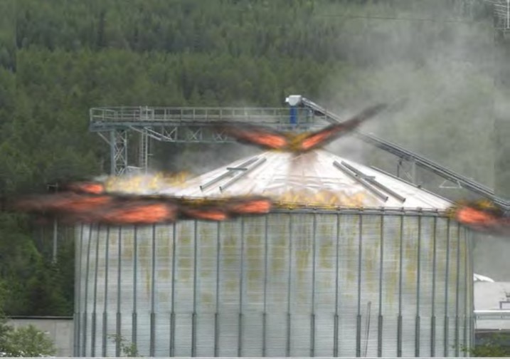An artist's rendition of a wood pellet silo explosion. Image courtesy: Hallingdal brann- og redningsteneste, Norway.