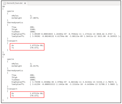 Constant Sutherland parameters assumed using chemkinToFoam converter