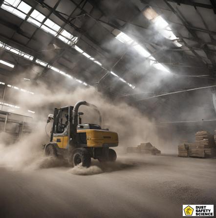 A forklift generating Combustible dust clouds causing a dust hazard, inside a manufacturing facility