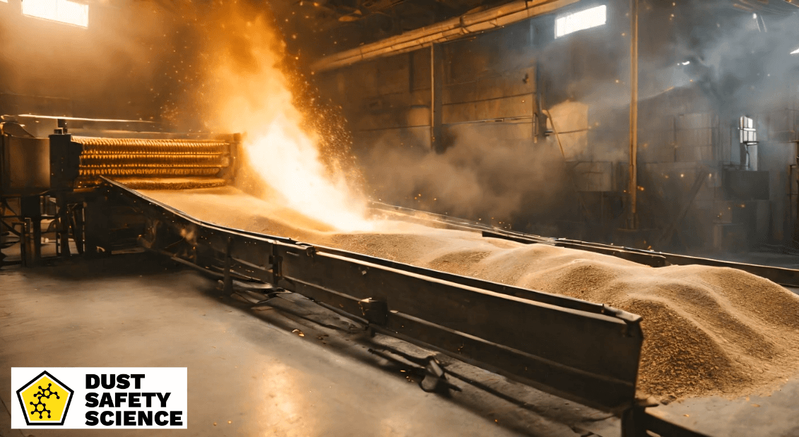 A  picture of Combustible Materials on a Conveyor Belt, inside a Wood Processing Facility