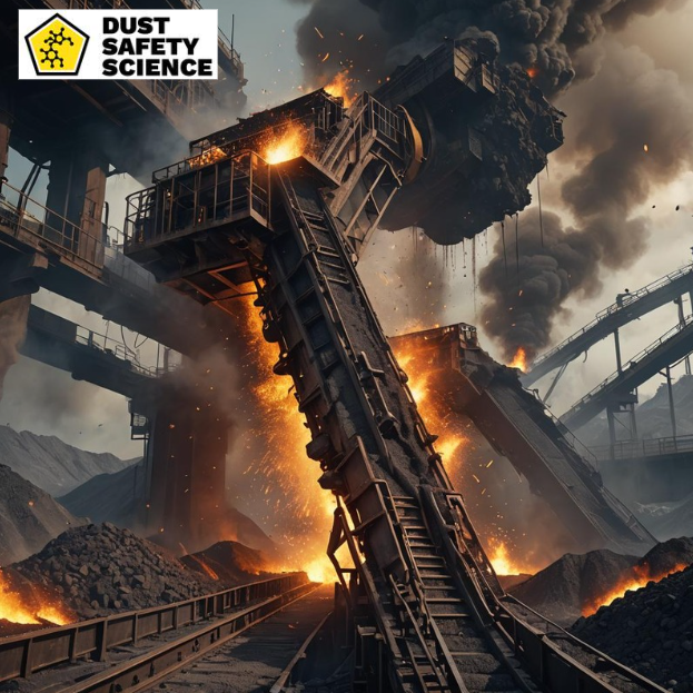 A picture of Coal Mining, Coal Dust Accumulation, Coal Dust Clouds, and Coal Fires on a Conveyor Belt