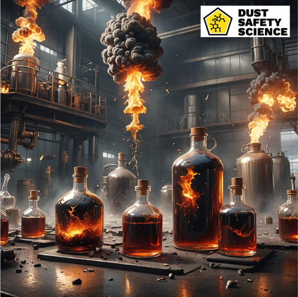 A picture of Combustible Liquids in Bottles and Flasks, inside a Manufacturing Facility