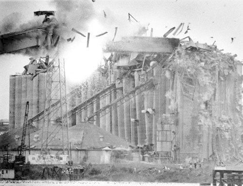 A picture of the December 22, 1977, explosion and fire, at the Continental Grain Co. elevator, at Westwego, which killed 35 People. Image Credit: Jerry Lodriguss, The Times-Picayune Archive