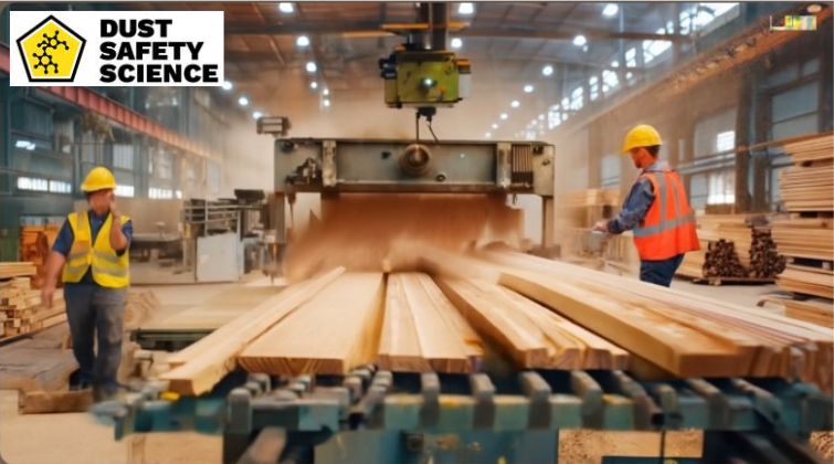 Saw Dust and Dust Clouds forming inside a Wood manufacturing facility, on a Conveyor Belt