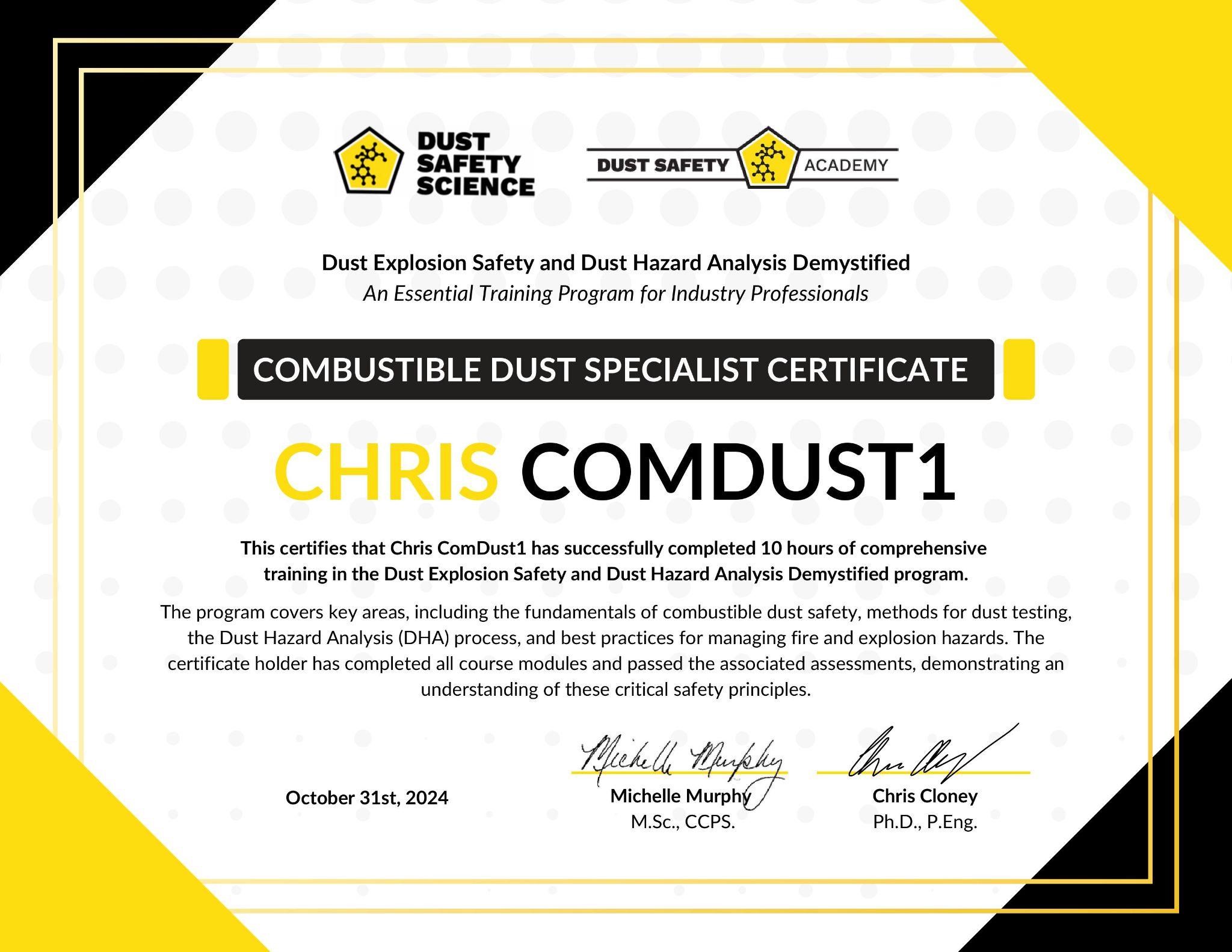 Sample Certificate of Completion for Combustible Dust and Dust Explosion Course