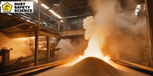 Dust Clouds and a Dust Explosion forming inside a Food processing facility, on a Conveyor Belt